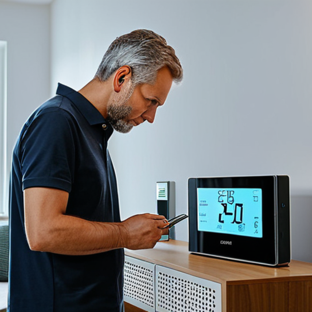 A focused adult individual, fully clothed in modest, comfortable home attire, standing in a modern, well-lit living room. They are attentively examining a digital smart meter display, with a slightly concerned but determined expression about high electricity bills. Various energy-consuming smart home devices like a smart thermostat and an intelligent light bulb are subtly visible in the background. The scene emphasizes energy efficiency and hidden costs in smart homes. Perfect anatomy, correct proportions, natural pose, well-formed hands, proper finger count, natural body proportions, professional photography, high quality, safe for work, appropriate content, fully clothed, modest clothing.