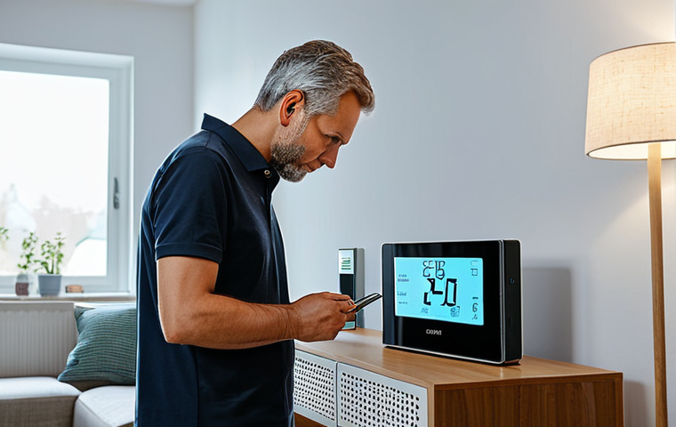 A focused adult individual, fully clothed in modest, comfortable home attire, standing in a modern, well-lit living room. They are attentively examining a digital smart meter display, with a slightly concerned but determined expression about high electricity bills. Various energy-consuming smart home devices like a smart thermostat and an intelligent light bulb are subtly visible in the background. The scene emphasizes energy efficiency and hidden costs in smart homes. Perfect anatomy, correct proportions, natural pose, well-formed hands, proper finger count, natural body proportions, professional photography, high quality, safe for work, appropriate content, fully clothed, modest clothing.