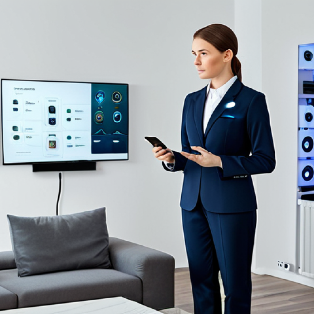A professional female technician, fully clothed in a modest, modern business uniform, stands in a sophisticated living room filled with various smart home devices from different brands. She is looking at a holographic interface displaying interconnected devices, symbolizing the complexity of integration and compatibility. The room is tidy and well-lit. Perfect anatomy, correct proportions, natural pose, well-formed hands, proper finger count. Professional photography, high quality, safe for work, appropriate content, fully clothed, family-friendly.