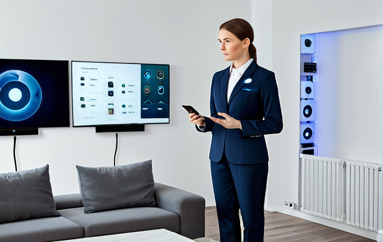 A professional female technician, fully clothed in a modest, modern business uniform, stands in a sophisticated living room filled with various smart home devices from different brands. She is looking at a holographic interface displaying interconnected devices, symbolizing the complexity of integration and compatibility. The room is tidy and well-lit. Perfect anatomy, correct proportions, natural pose, well-formed hands, proper finger count. Professional photography, high quality, safe for work, appropriate content, fully clothed, family-friendly.