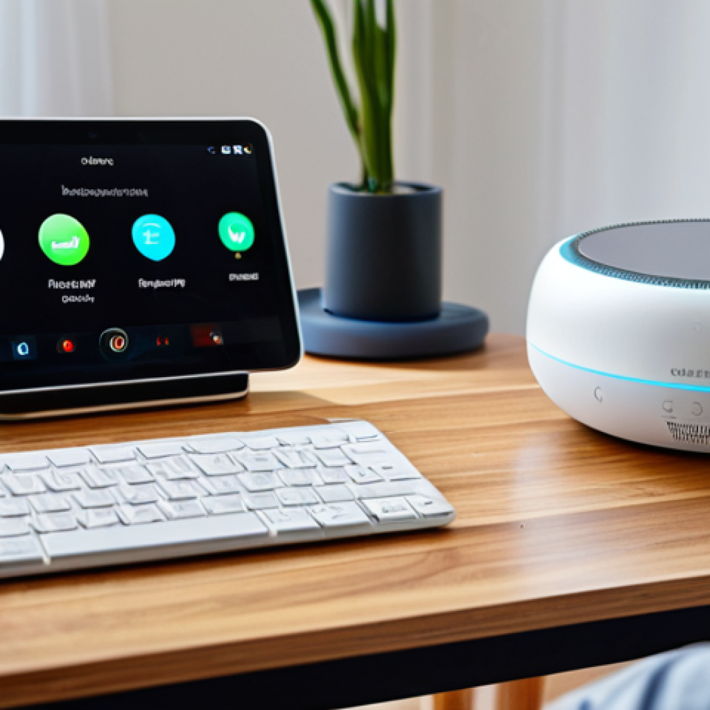 스마트홈 기기와 사용자 맞춤형 설정 - Smart Home Hub in a Modern Living Room**

"A sleek smart home hub device sitting on a polished woode...