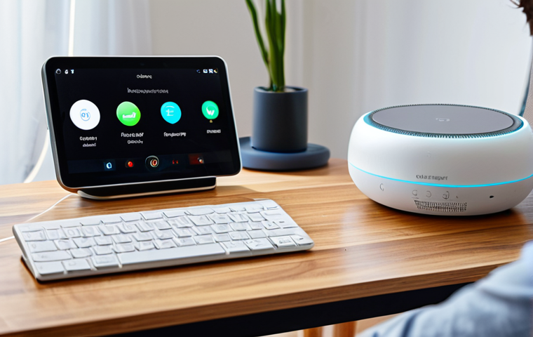 스마트홈 기기와 사용자 맞춤형 설정 - Smart Home Hub in a Modern Living Room**

"A sleek smart home hub device sitting on a polished woode...