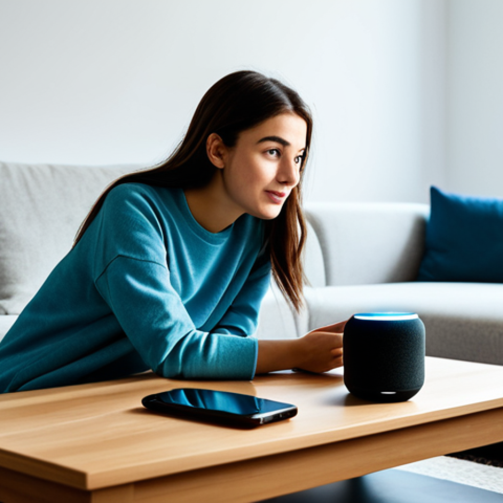 스마트홈 시스템의 확장 가능성 - Smart Home Voice Control**
"A modern living room with a young woman in comfortable, modest clothing...