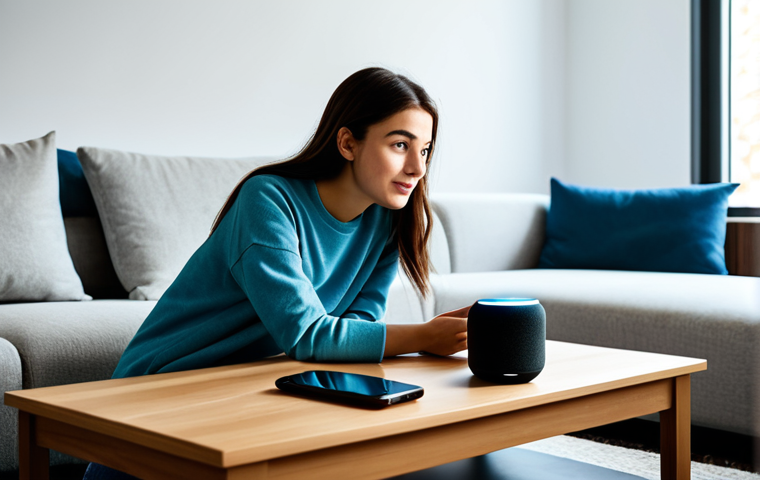 스마트홈 시스템의 확장 가능성 - Smart Home Voice Control**
"A modern living room with a young woman in comfortable, modest clothing...