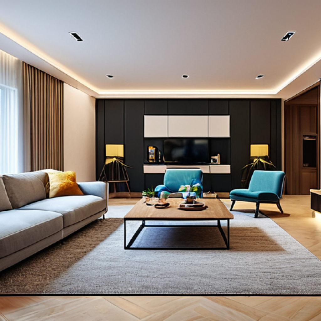 스마트홈 환경에 적합한 가전제품 - Cozy Smart Home Living Room**
"A brightly lit, modern living room with smart lighting creating a wa...