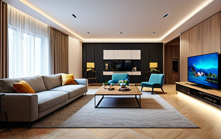 스마트홈 환경에 적합한 가전제품 - Cozy Smart Home Living Room**
"A brightly lit, modern living room with smart lighting creating a wa...