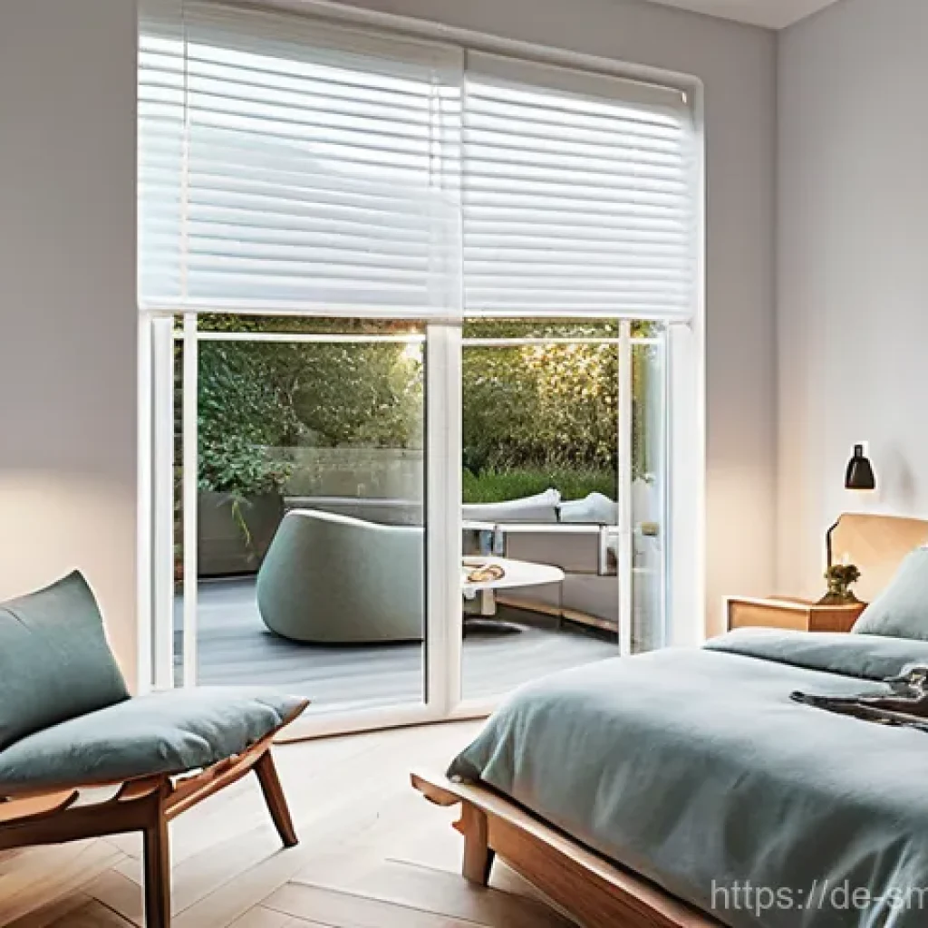스마트홈 기기 연동 방법 - A serene bedroom scene bathed in soft morning light. Smart blinds are slowly retracting, revealing a...