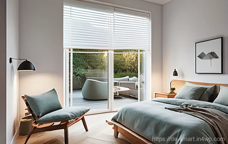 스마트홈 기기 연동 방법 - A serene bedroom scene bathed in soft morning light. Smart blinds are slowly retracting, revealing a...