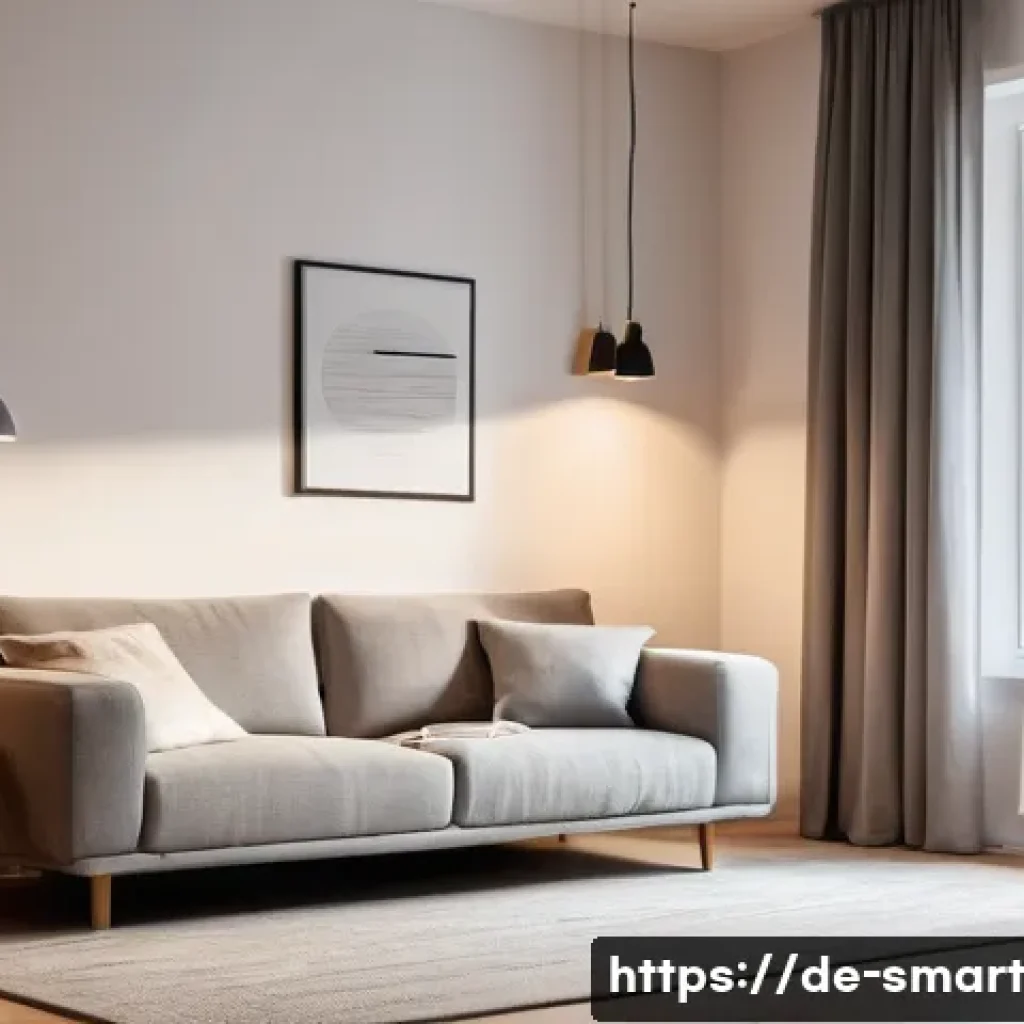 스마트홈의 법적 및 윤리적 고려사항 - **"A cozy and secure modern German living room bathed in warm, adjustable smart lighting. A woman in...