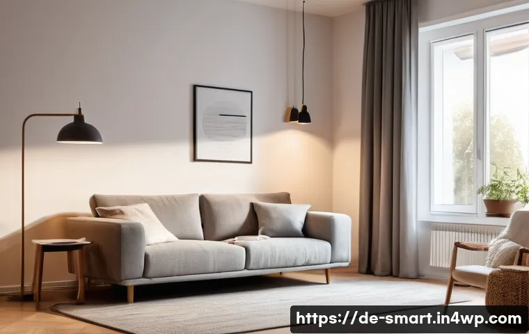 스마트홈의 법적 및 윤리적 고려사항 - **"A cozy and secure modern German living room bathed in warm, adjustable smart lighting. A woman in...