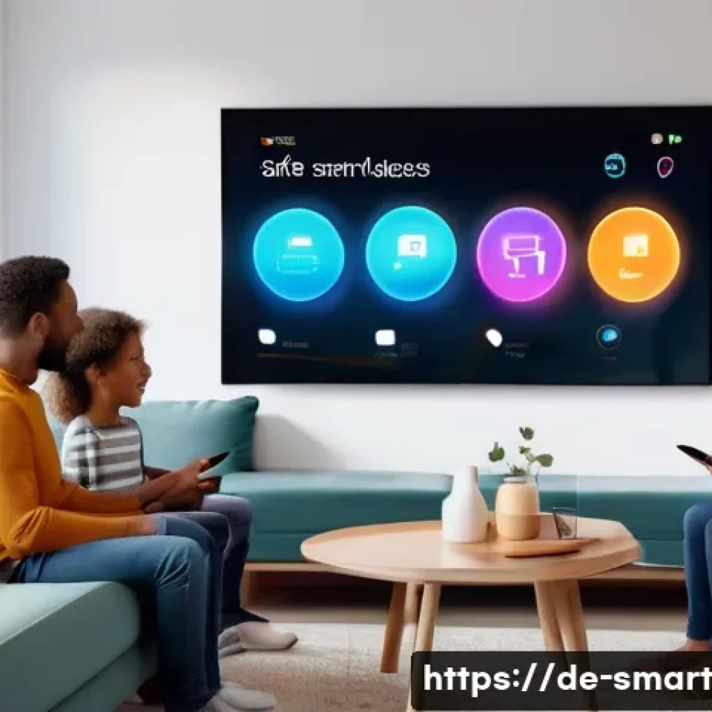 스마트홈에서의 사용자 참여 증대 방법 - A cozy modern living room scene showcasing a family interacting with a smart home system via a large...