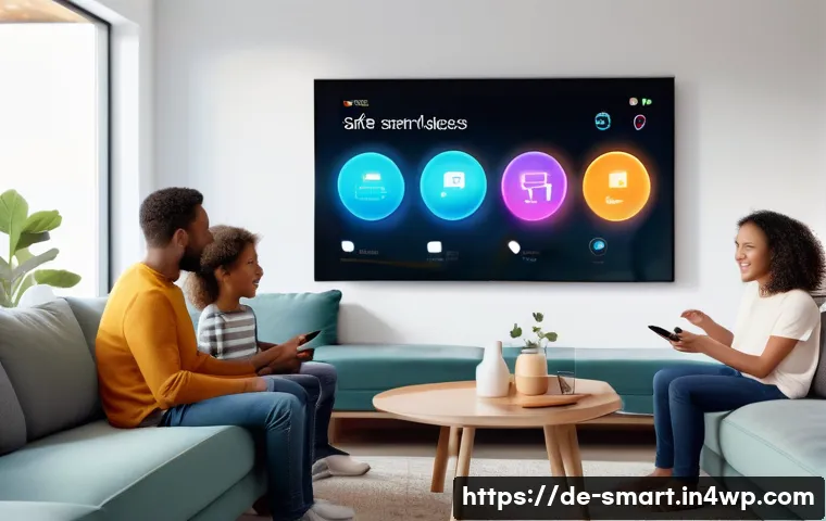 스마트홈에서의 사용자 참여 증대 방법 - A cozy modern living room scene showcasing a family interacting with a smart home system via a large...