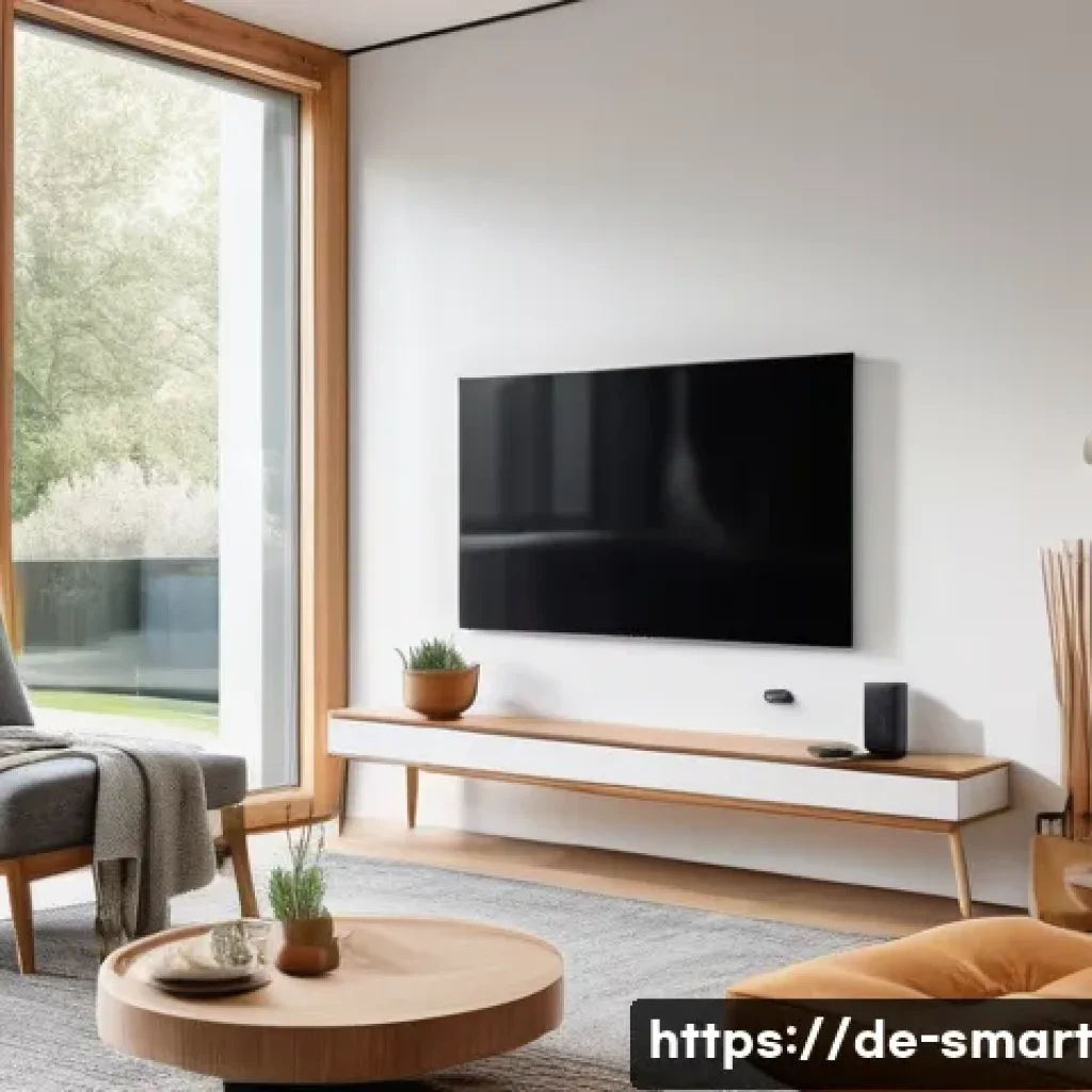 스마트홈 기기를 통한 생활 개선 사례 - A modern German living room featuring smart home technology: a sleek smart thermostat mounted on the...
