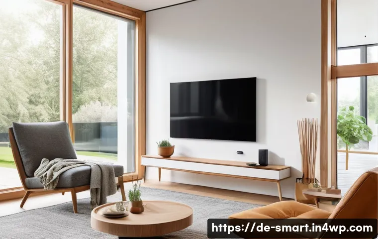 스마트홈 기기를 통한 생활 개선 사례 - A modern German living room featuring smart home technology: a sleek smart thermostat mounted on the...