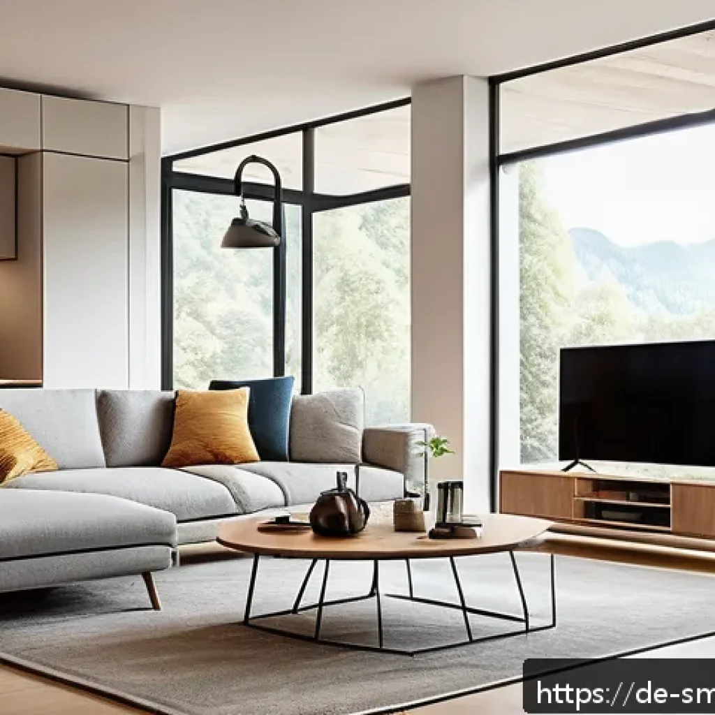 스마트홈 솔루션 선택 시 고려해야 할 요소 - A modern German family living room featuring a smart home setup with various connected devices visib...