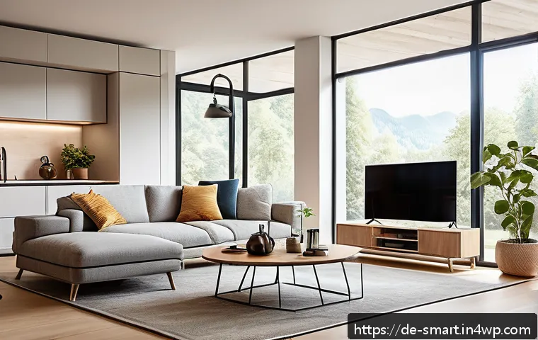 스마트홈 솔루션 선택 시 고려해야 할 요소 - A modern German family living room featuring a smart home setup with various connected devices visib...
