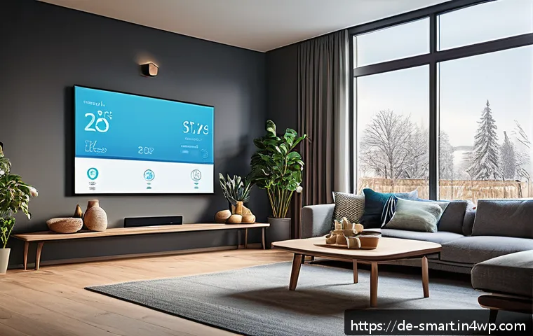 스마트홈과 스마트 시티의 연관성 - A modern German smart home interior featuring a family room with smart thermostats visible on the wa...