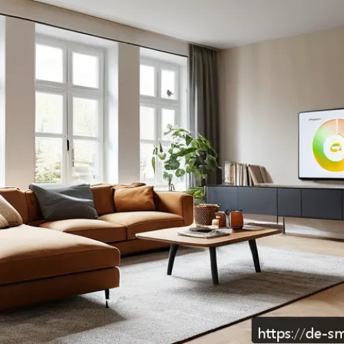Home 32 스마트홈 구성 실수 피하기 - A modern German living room with a smart home setup emphasizing careful planning: sleek smart thermo...