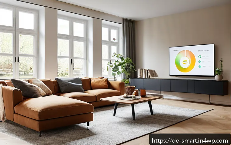 스마트홈 구성 실수 피하기 - A modern German living room with a smart home setup emphasizing careful planning: sleek smart thermo...