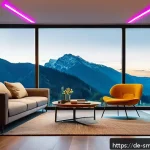 Home 19 스마트 조명 시스템 설치 방법 - A modern German living room interior at dusk with smart lighting creating various zones: warm dimmed...