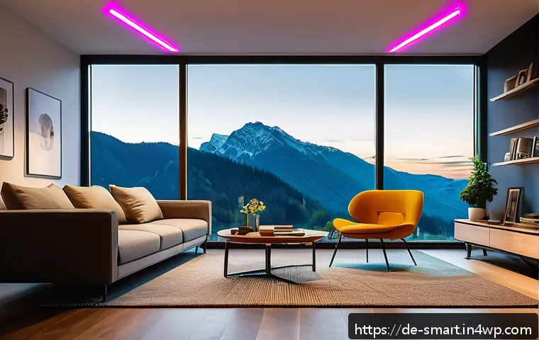 스마트 조명 시스템 설치 방법 - A modern German living room interior at dusk with smart lighting creating various zones: warm dimmed...