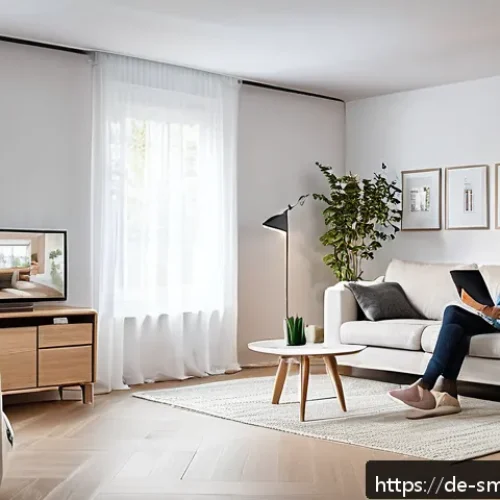 Home 30 스마트홈 애플리케이션 사용법 - A cozy modern living room interior with a German family using a smart home app on a tablet to contro...