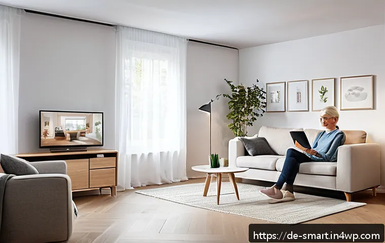 스마트홈 애플리케이션 사용법 - A cozy modern living room interior with a German family using a smart home app on a tablet to contro...