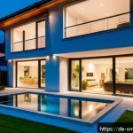 Home 23 스마트홈에서 사용하는 보안 솔루션 - A modern German family home exterior at dusk, showcasing smart security features: motion detector li...