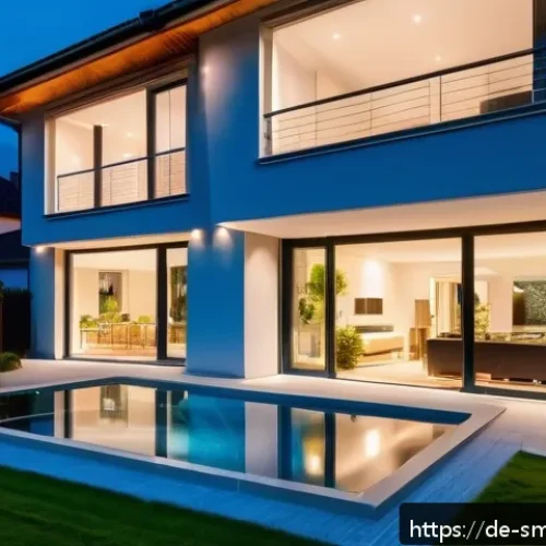 Home 17 스마트홈에서 사용하는 보안 솔루션 - A modern German family home exterior at dusk, showcasing smart security features: motion detector li...