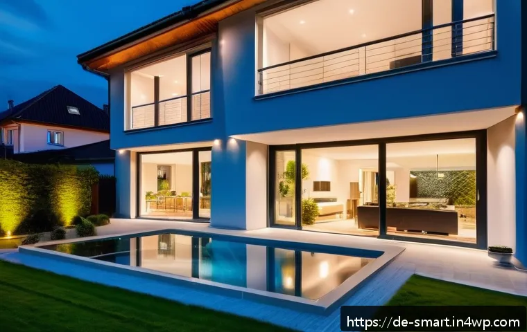 스마트홈에서 사용하는 보안 솔루션 - A modern German family home exterior at dusk, showcasing smart security features: motion detector li...