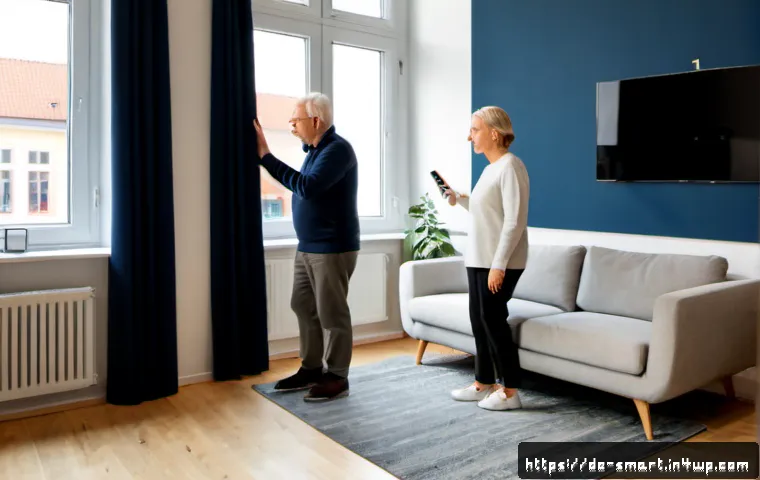 Home 17 스마트홈에서의 사용자 경험 향상 기술 - Photorealistic modern German apartment living room, an older couple comfortably using a simple wall-...