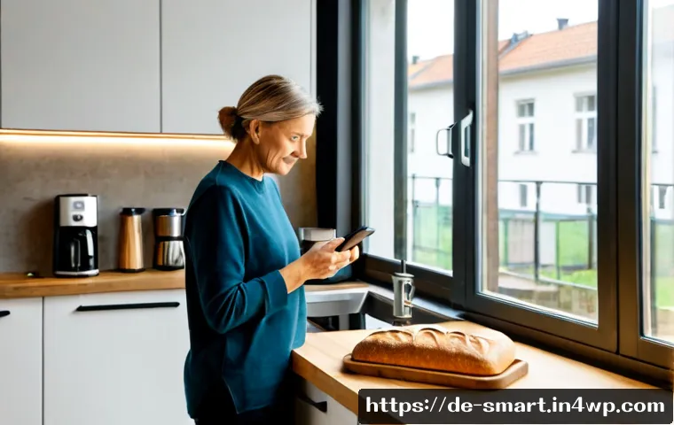 Home 17 스마트홈 환경에서의 라이프 해킹 - Photorealistic bright German apartment kitchen in the morning, middle-aged woman using a smartphone ...