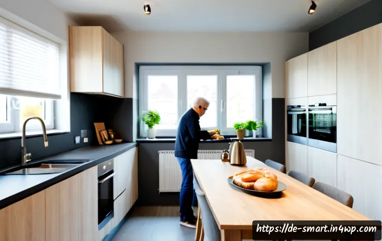 Home 17 스마트홈과 생활 편의성 증가 - Photorealistic bright modern German apartment kitchen in the morning, a middle-aged couple effortles...